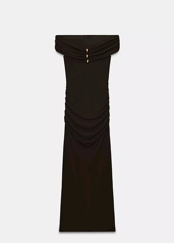 Siyah Drapeli V Yaka Uzun Kadın Elbise - Görsel 4