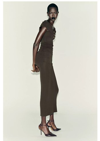 Siyah Drapeli V Yaka Uzun Kadın Elbise - Görsel 3