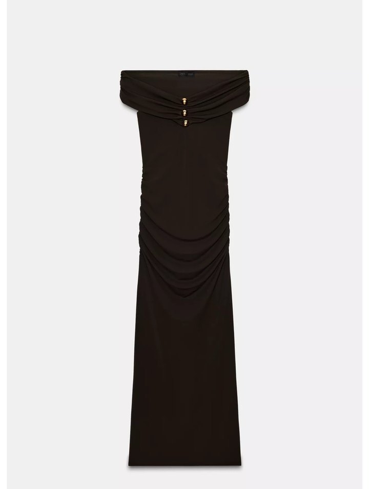 Siyah Drapeli V Yaka Uzun Kadın Elbise - Görsel 4