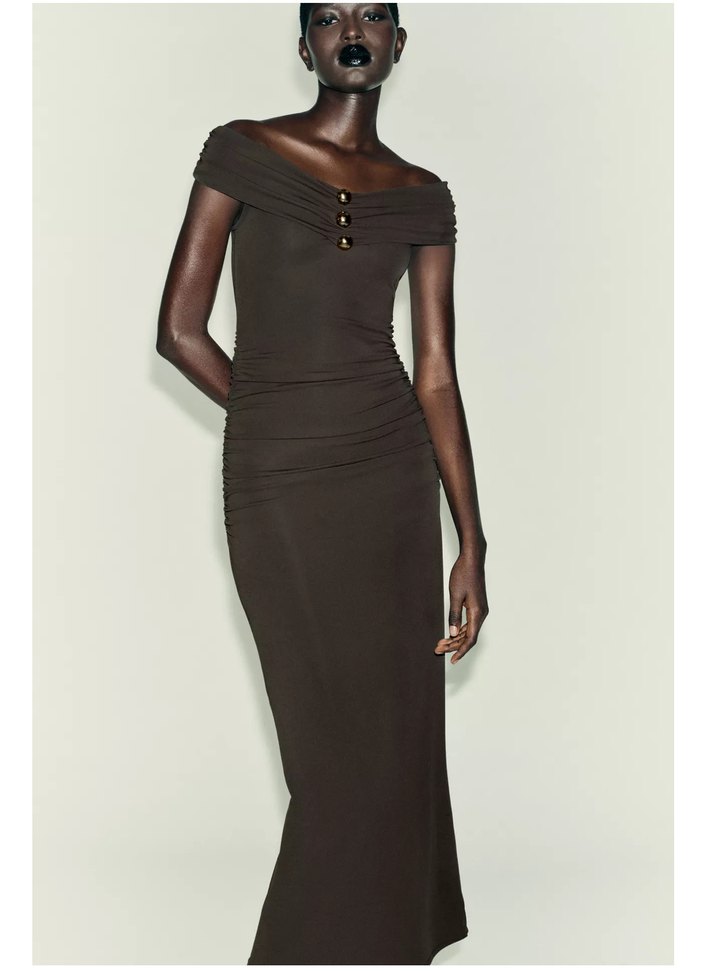 Siyah Drapeli V Yaka Uzun Kadın Elbise - Görsel 2