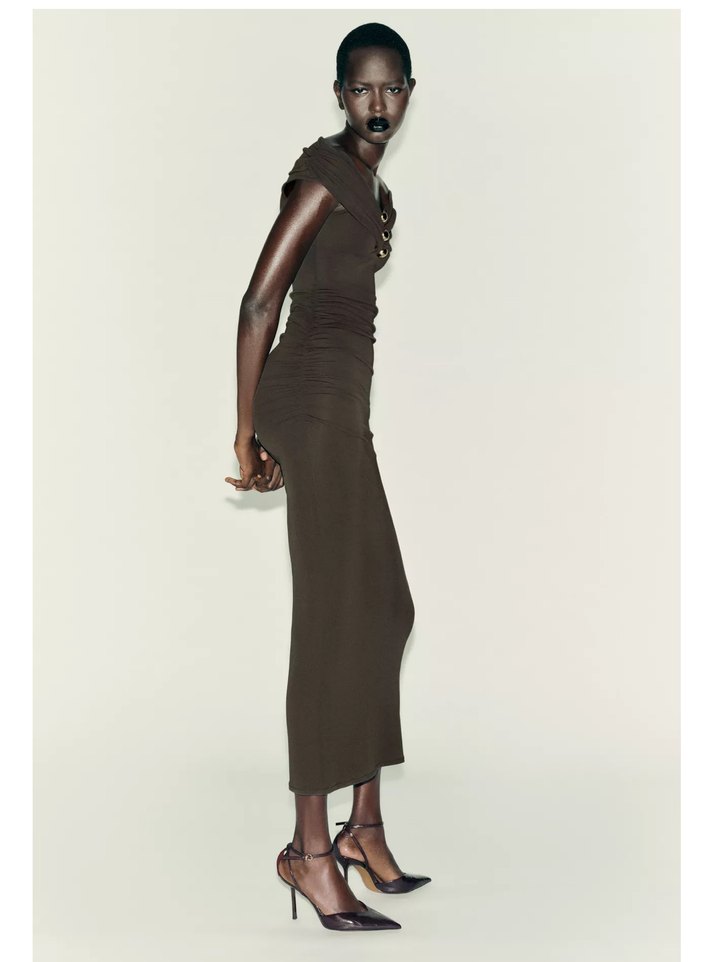 Siyah Drapeli V Yaka Uzun Kadın Elbise - Görsel 3