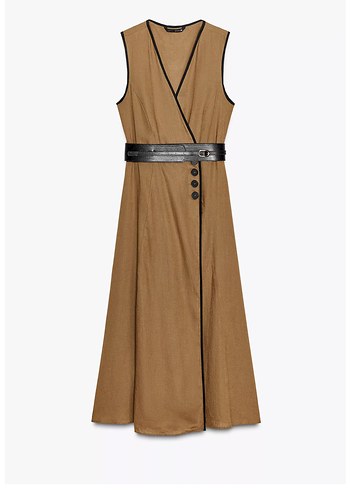 Kahverengi Deri Kemerli Uzun Elbise - Görsel 7