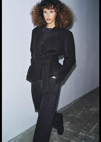 Siyah Kuşaklı Midi Yün Ceket - Görsel 6