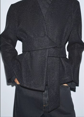 Siyah Kuşaklı Midi Yün Ceket - Görsel 2