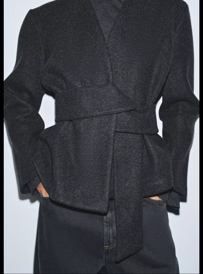 Siyah Kuşaklı Midi Yün Ceket - Görsel 2