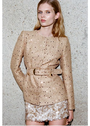 Zara Parlak Bej Kemerli Mini Ceket