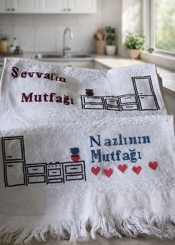 Nakışlı Beyaz Mutfak Havlusu - Görsel 4