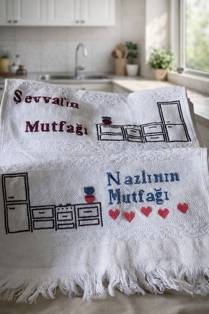 Nakışlı Beyaz Mutfak Havlusu - Görsel 4