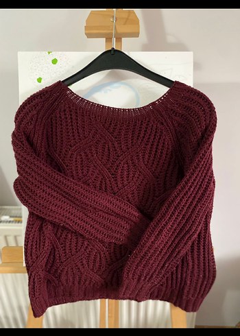 Bordo Örgü Bohem Kadın Kazak - Görsel 2