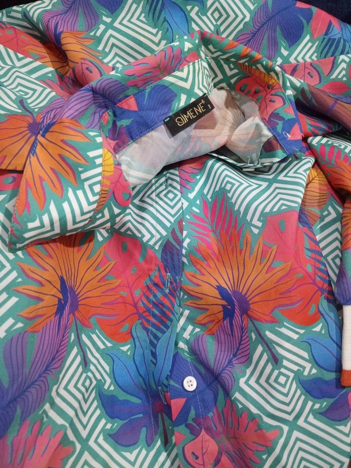 Renkli  Uzun Kollu Kadın Gömlek tunik - Görsel 5