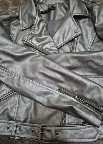 Gri Kadın Deri Kemerli Ceket - Görsel 5