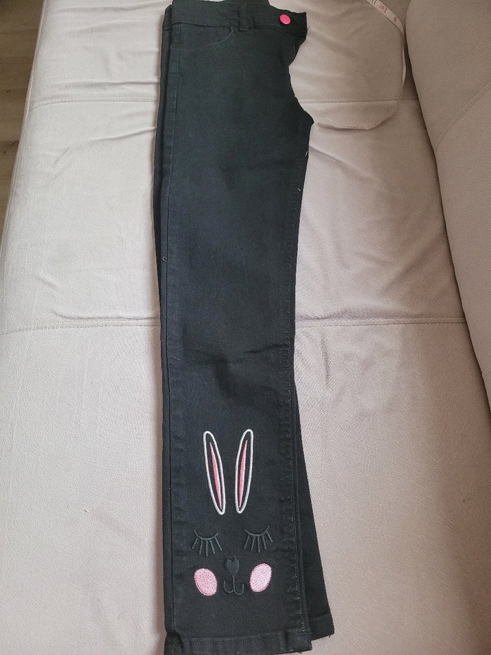 Kızlar için Tavşan Nakışlı Siyah Sevimli Pantolon - Görsel 2