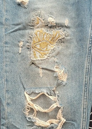 Nakışlı Salaş Mavi Kadın Kot Pantolon - Görsel 4