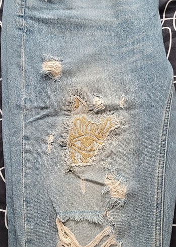 Nakışlı Salaş Mavi Kadın Kot Pantolon - Görsel 2