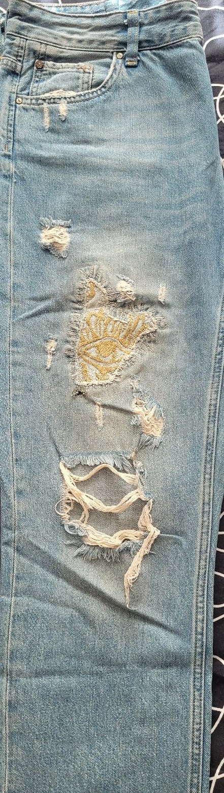 Nakışlı Salaş Mavi Kadın Kot Pantolon - Görsel 4