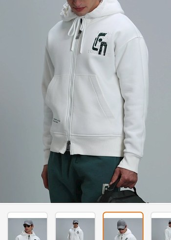 LUFIAN Erkek Beyaz Kapüşonlu Fermuarlı Spor hırka - Görsel 8