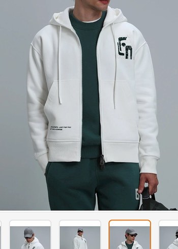 LUFIAN Erkek Beyaz Kapüşonlu Fermuarlı Spor hırka - Görsel 4