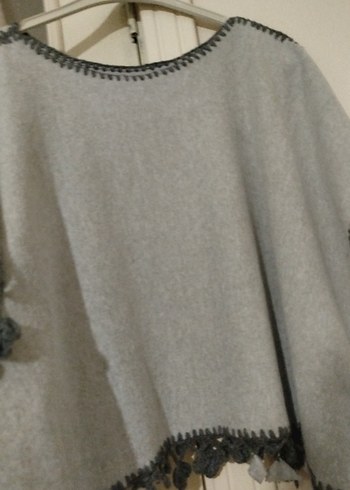 Gri Nakışlı Bohem Kadın Panço - Görsel 2