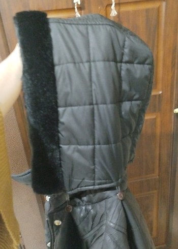 Düğmeli Siyah Uzun Kadın Deri mont - Görsel 4