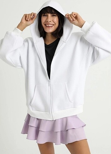 xl Beden Beyaz Fermuarlı Sweatshirt
