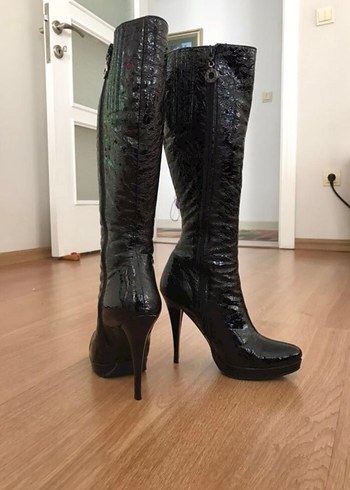 Mario Muzi Koyu Siyah Yılan Derisi Desenli Stiletto Dizüstü Çizme