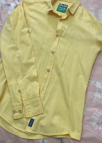 Sarı Keten Erkek Gömlek, Uzun Kollu, Düğmeli - Görsel 3