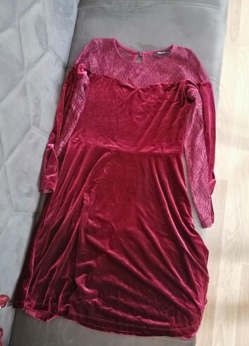 40 Beden Kadın bordo Kadife dantel detaylı abiye elbise 
