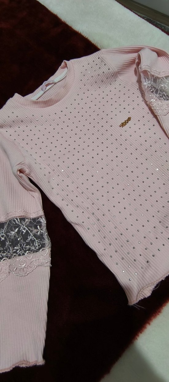 Dantel Detaylı Pembe Kız Triko Bluz - Görsel 2