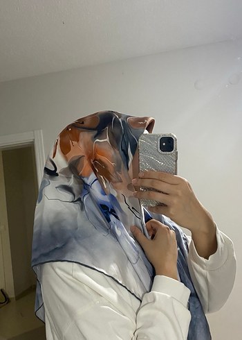 Armine Bohem Gri Mavi İpek Kadın Eşarp - Görsel 2