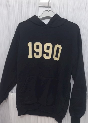 1990 Baskılı Siyah Kapüşonlu Sweatshirt