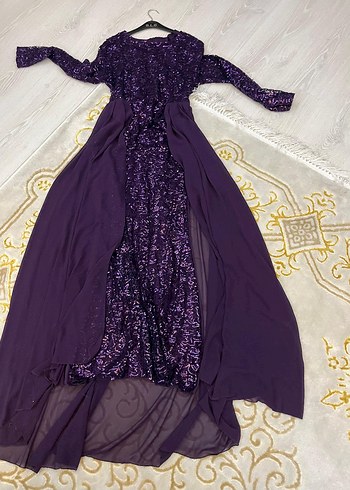 Mor Uzun Kollu İşlemeli Kadın Abiye Elbise - Görsel 2