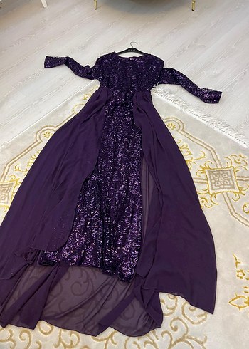 Mor Uzun Kollu İşlemeli Kadın Abiye Elbise - Görsel 5