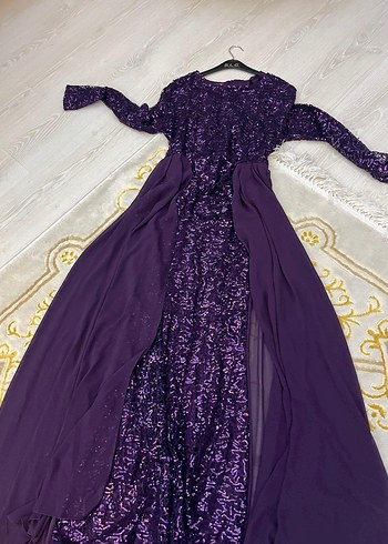 Mor Uzun Kollu İşlemeli Kadın Abiye Elbise - Görsel 4