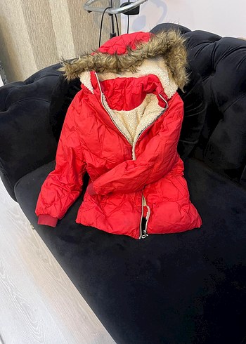 Kürklü Kırmızı kız cocuk Mont - Görsel 2