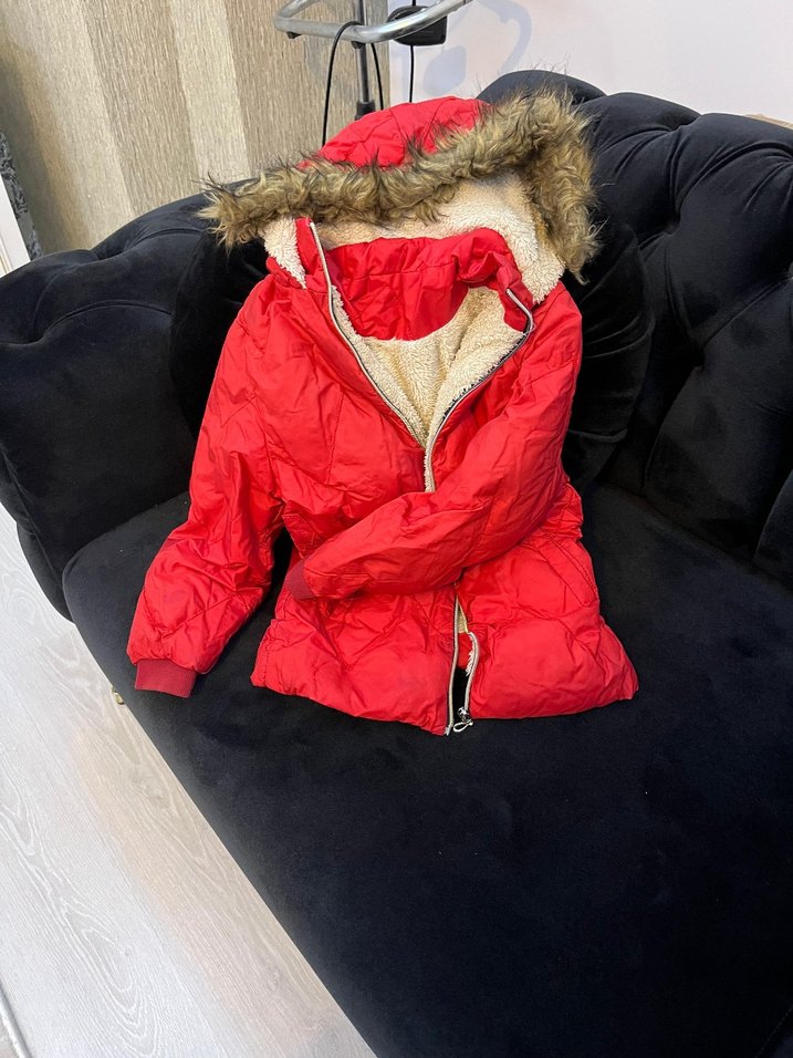 Kürklü Kırmızı kız cocuk Mont - Görsel 2