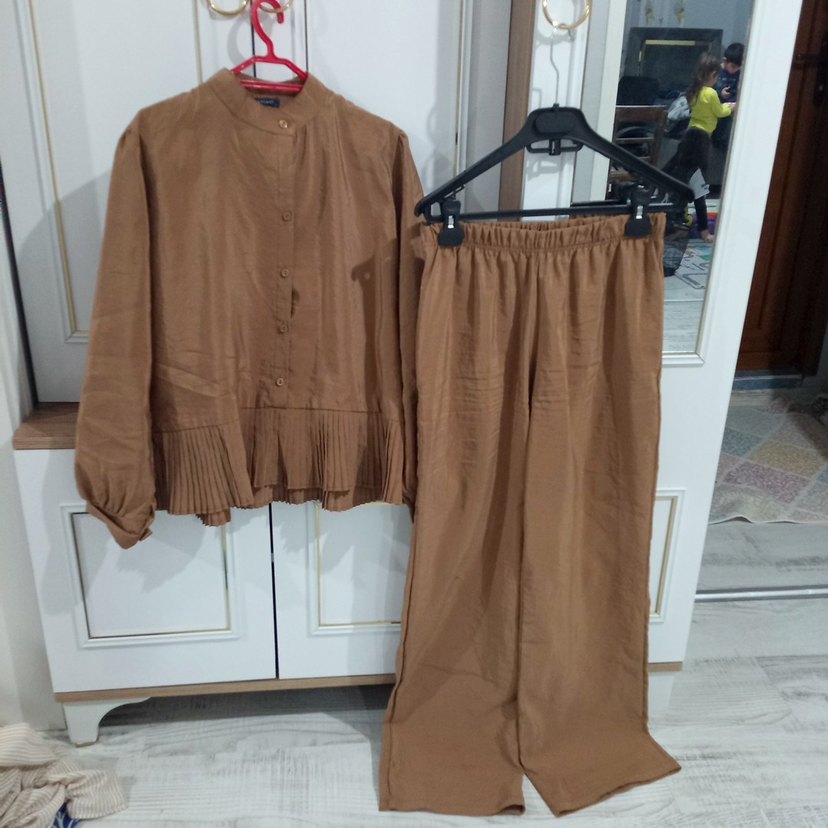 Dökümlü Kahverengi Keten Kadın Takım - Görsel 2