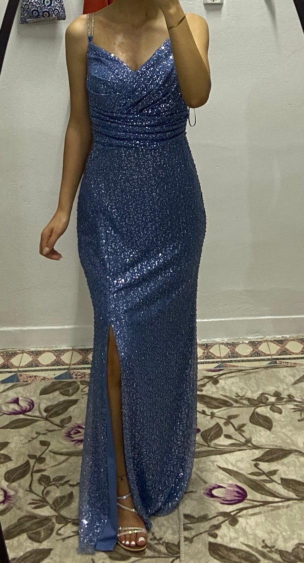 Mavi Parlak Uzun Drapeli Abiye Elbise - Görsel 3