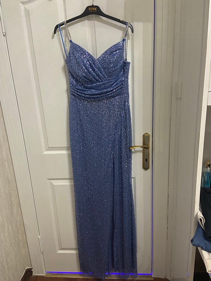 Mavi Parlak Uzun Drapeli Abiye Elbise - Görsel 2