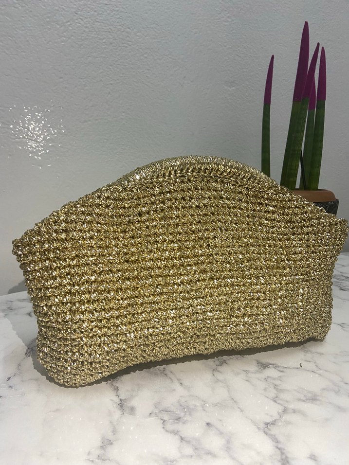 Altın Renk Örgü Kadın Clutch Çanta - Görsel 2