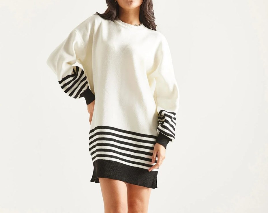 Çizgili Uzun Kollu Triko Kadın Tunik - Görsel 3