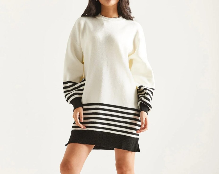 Çizgili Uzun Kollu Triko Kadın Tunik - Görsel 2