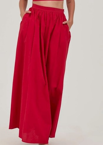 Kırmızı Çift Cepli Poplin Kadın Etek - Görsel 3