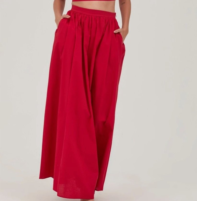 Kırmızı Çift Cepli Poplin Kadın Etek - Görsel 3