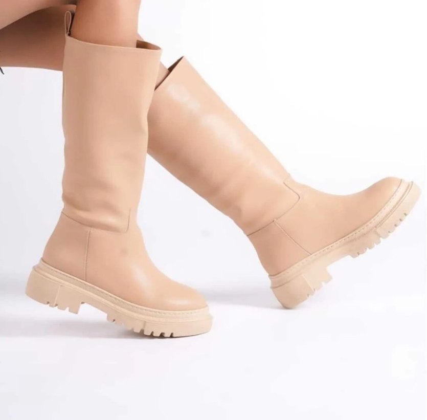 Bej Kadın Kalın Taban Çizme - Görsel 3