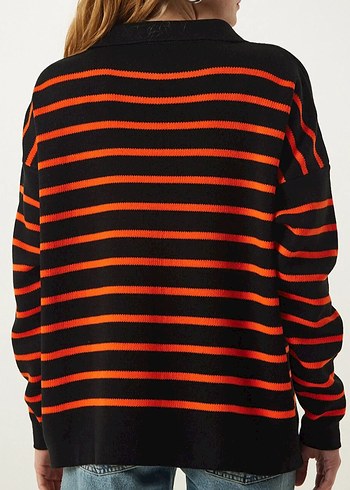 Çizgili Polo Yaka Kadın Triko Kazak - Görsel 4