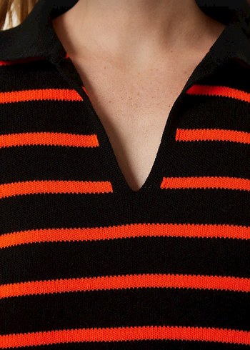 Çizgili Polo Yaka Kadın Triko Kazak - Görsel 3