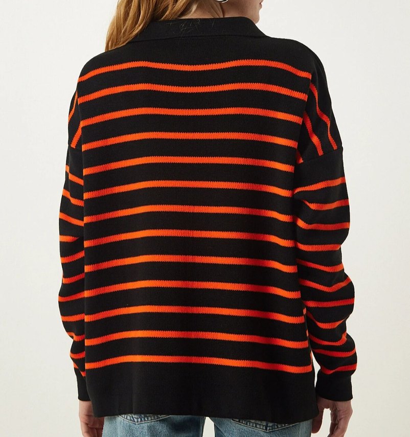 Çizgili Polo Yaka Kadın Triko Kazak - Görsel 4