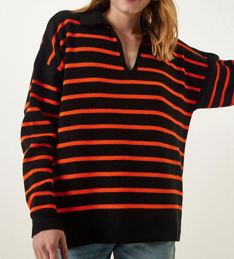 Çizgili Polo Yaka Kadın Triko Kazak - Görsel 2