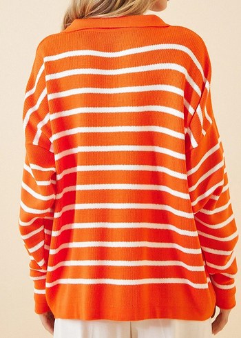 Turuncu Beyaz Çizgili Polo Yaka Triko Kazak - Görsel 3