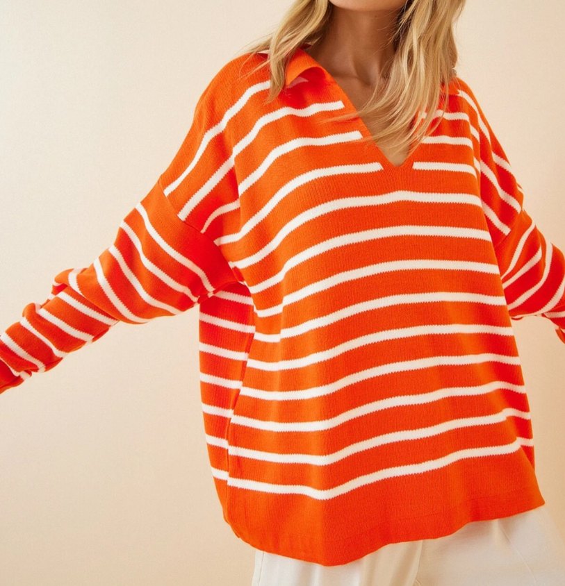 Turuncu Beyaz Çizgili Polo Yaka Triko Kazak - Görsel 2